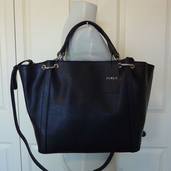 NEW FURLA Zaffiro Black Saffiano Leather Convertible Tote Bag - AUTHENTIC FURLA - Picture 4 of 16